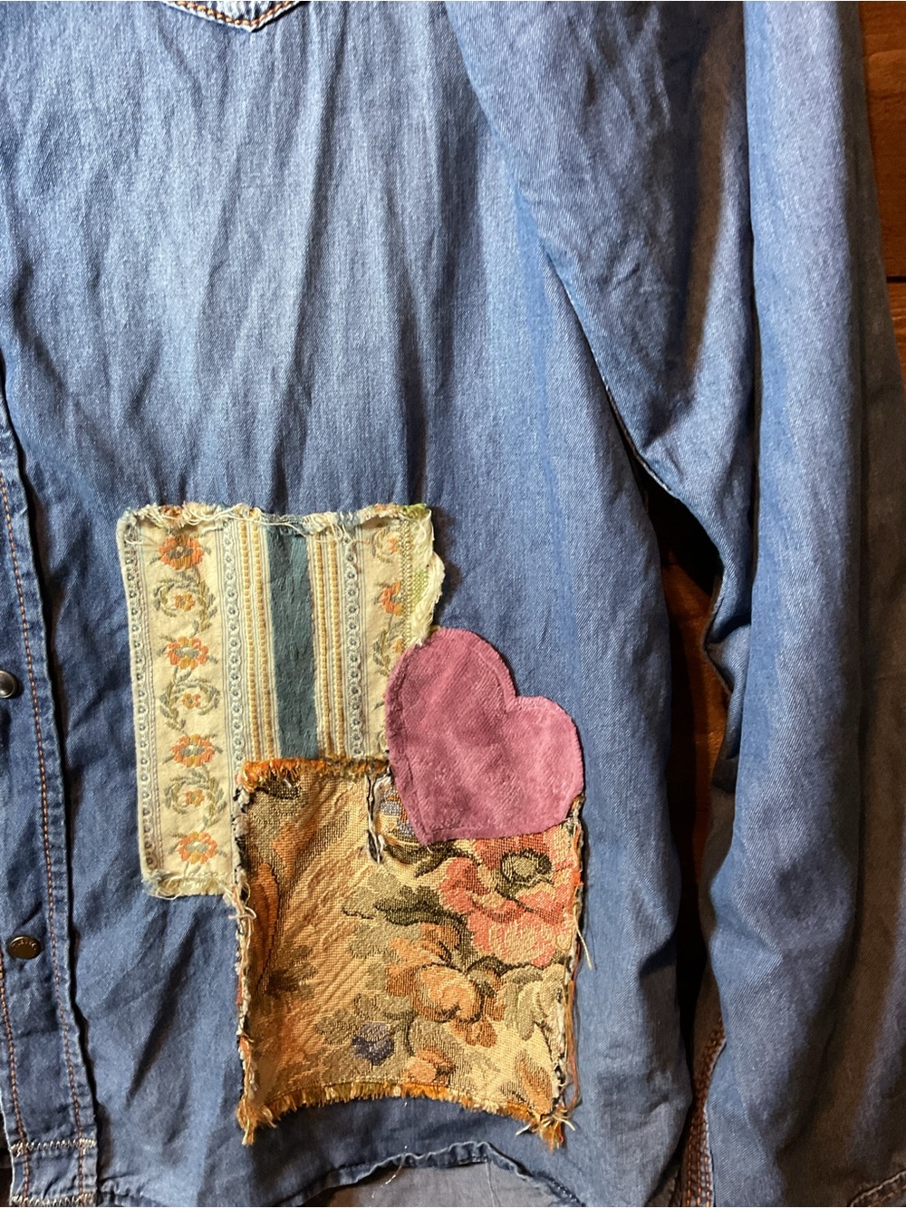 Upcycled Diesel Industry Denim Western Pearl Snap Shirt Heart Patchwork Size XL - Picture 2 of 3